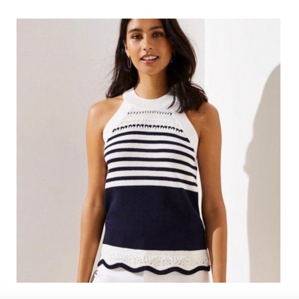 LOFT Navy Blue & White Mixed Stripe Halter Sweater Top NWT